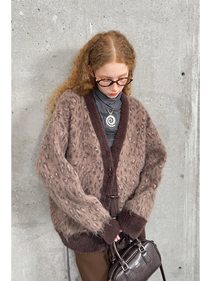 Oversized Leopard Patterned V-Neck Toggle Cardigan