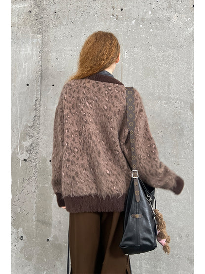 Oversized Leopard Patterned V-Neck Toggle Cardigan