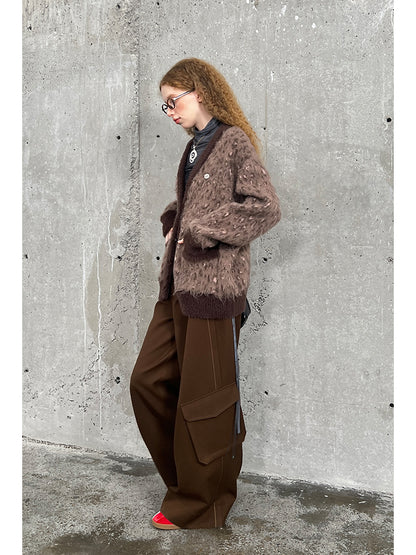 Oversized Leopard Patterned V-Neck Toggle Cardigan