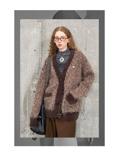 Oversized Leopard Patterned V-Neck Toggle Cardigan
