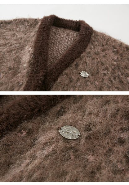 Oversized Leopard Patterned V-Neck Toggle Cardigan