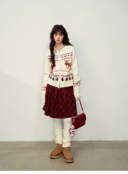 Fawn-Pattern Wool Blend Fair Isle Zip Cardigan