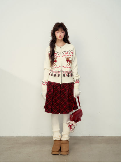 Fawn-Pattern Wool Blend Fair Isle Zip Cardigan