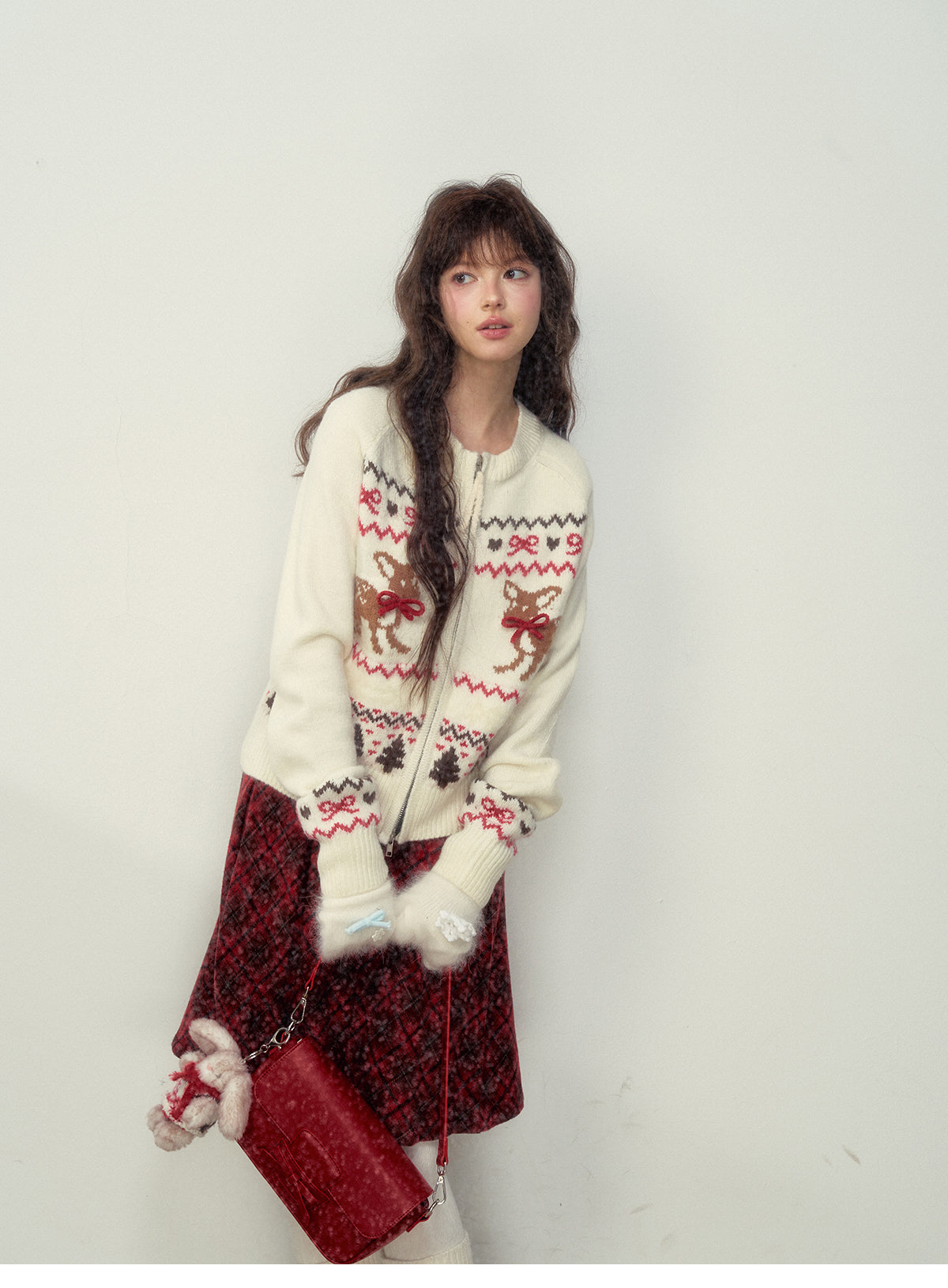 Fawn-Pattern Wool Blend Fair Isle Zip Cardigan