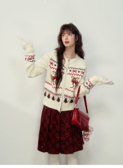 Fawn-Pattern Wool Blend Fair Isle Zip Cardigan