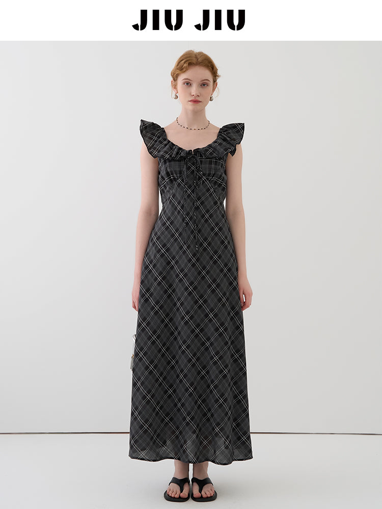 Flutter Collar Plaid Dress With Back Tie Detail