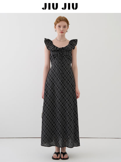 Flutter Collar Plaid Dress With Back Tie Detail