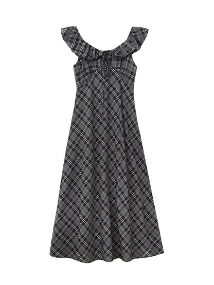 Flutter Collar Plaid Dress With Back Tie Detail