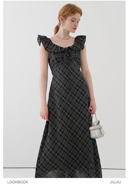 Flutter Collar Plaid Dress With Back Tie Detail