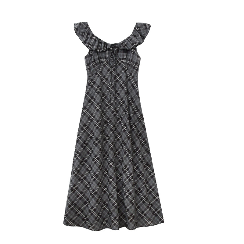 Flutter Collar Plaid Dress With Back Tie Detail