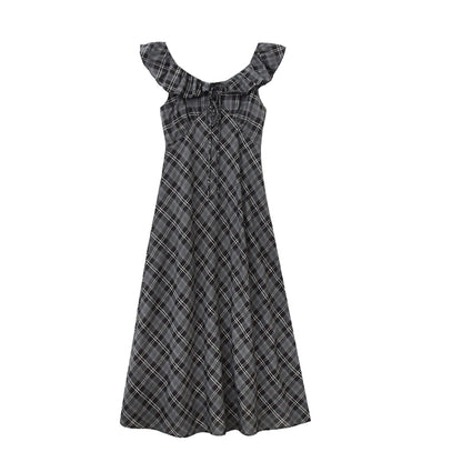 Flutter Collar Plaid Dress With Back Tie Detail