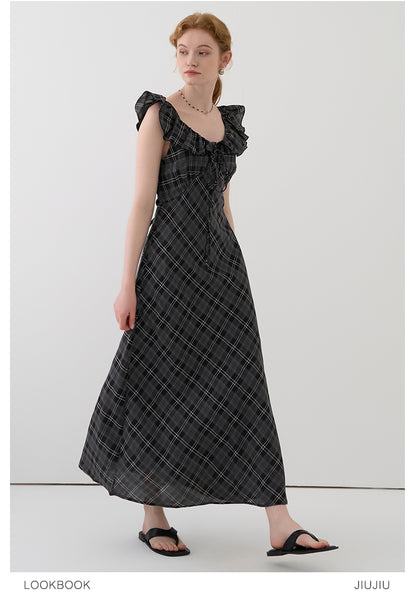 Flutter Collar Plaid Dress With Back Tie Detail