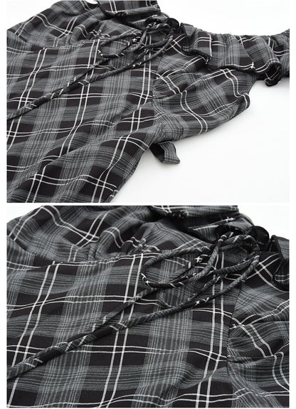 Flutter Collar Plaid Dress With Back Tie Detail