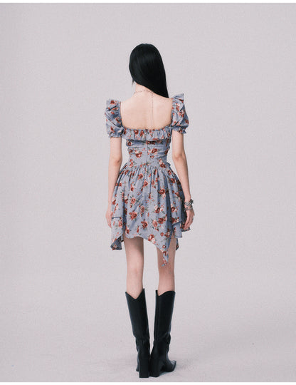 Floral Asymmetrical Dress With Lace-Up Detail