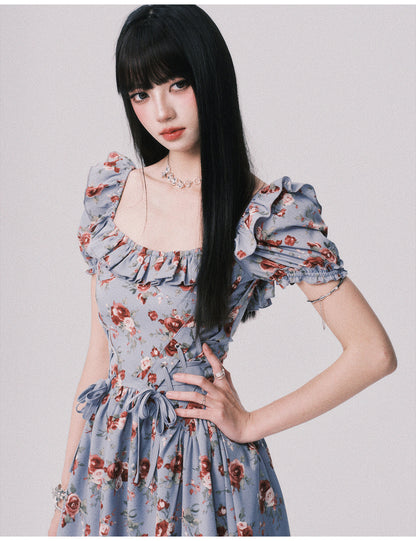 Floral Asymmetrical Dress With Lace-Up Detail