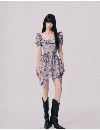 Floral Asymmetrical Dress With Lace-Up Detail