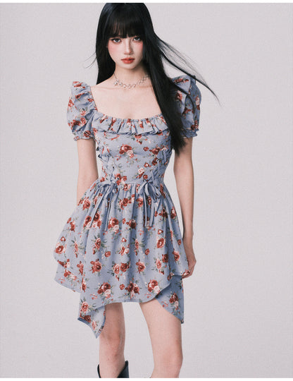 Floral Asymmetrical Dress With Lace-Up Detail