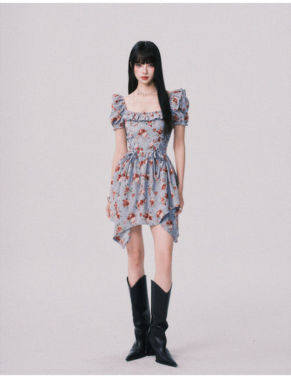 Floral Asymmetrical Dress With Lace-Up Detail