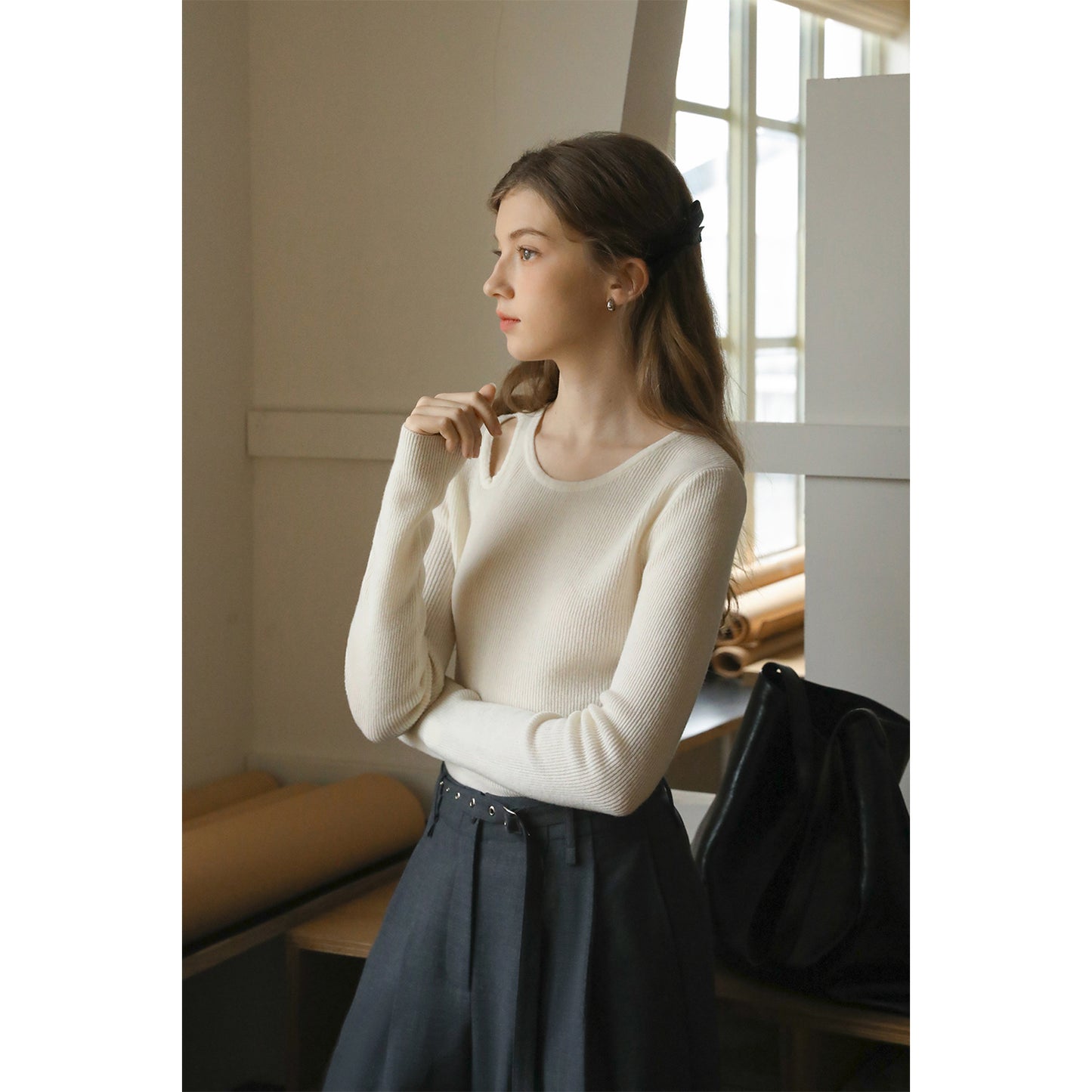 Cut-Out Ribbed Wool Knit Top