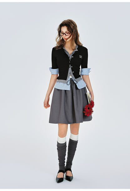 Double Waist Flare Skirt With Drawstring