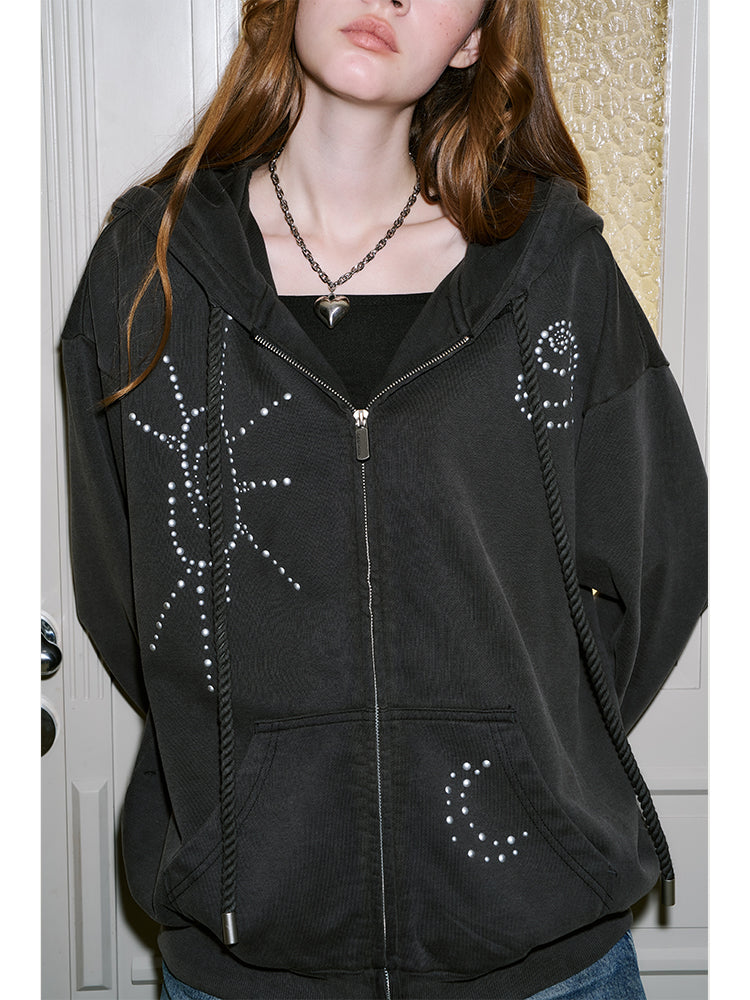 Relaxed Fit Studded Zip-Up Hoodie