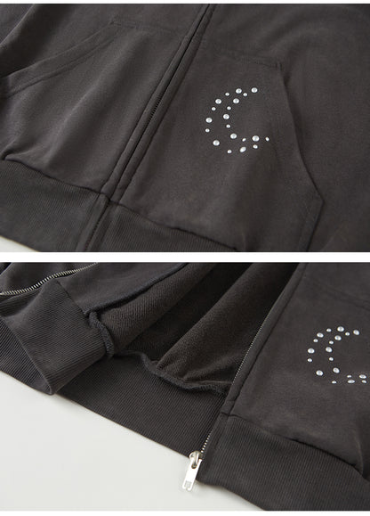 Relaxed Fit Studded Zip-Up Hoodie