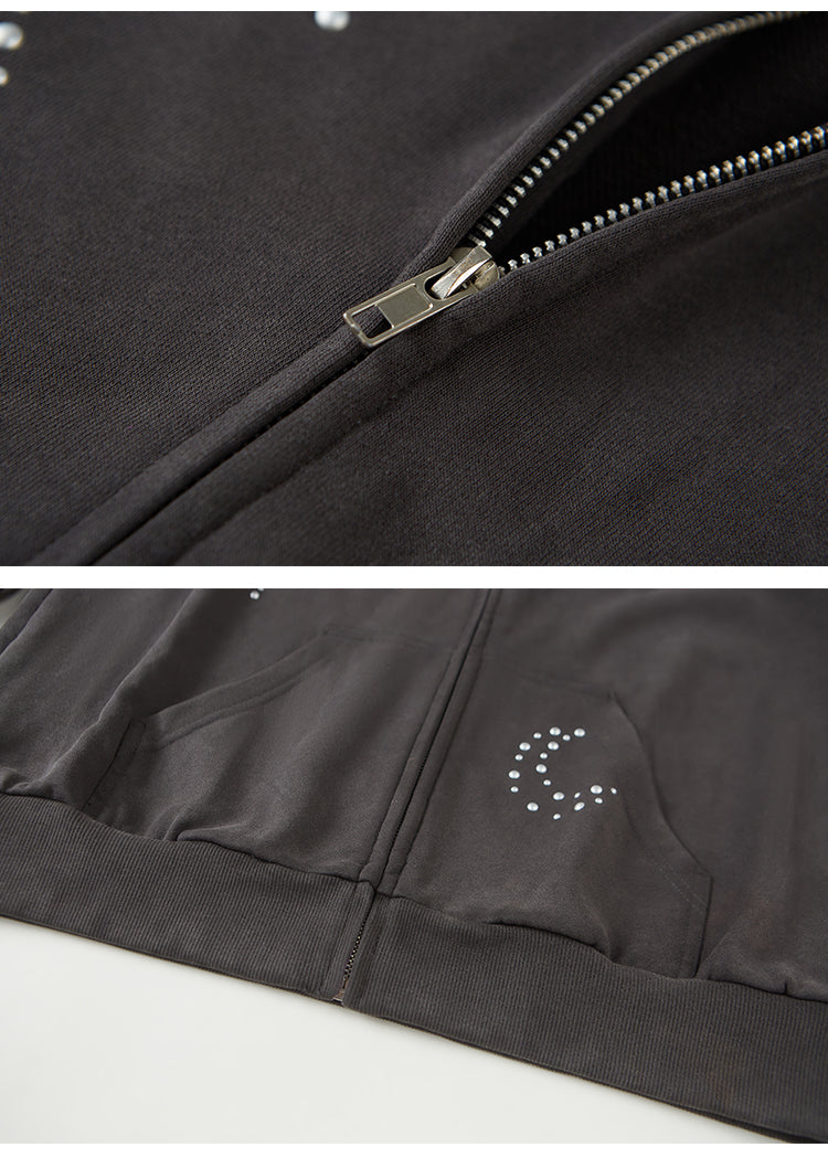 Relaxed Fit Studded Zip-Up Hoodie