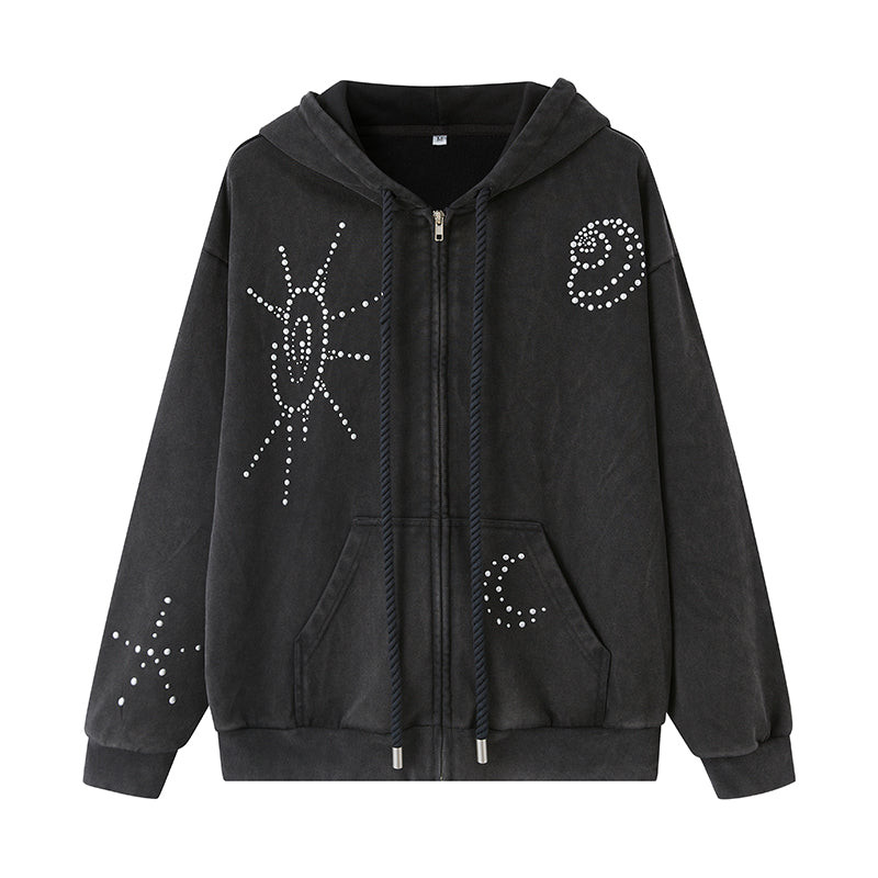 Relaxed Fit Studded Zip-Up Hoodie