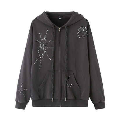 Relaxed Fit Studded Zip-Up Hoodie