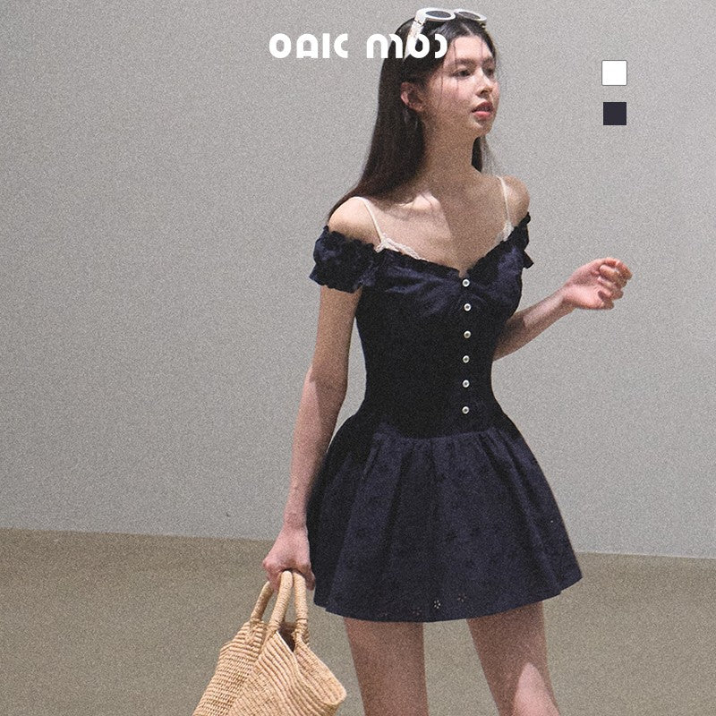 Two-Way Shoulder Puff Sleeve Cotton Mini Dress