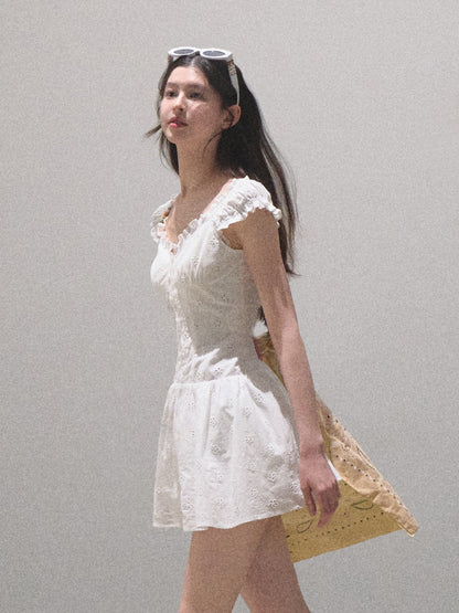 Two-Way Shoulder Puff Sleeve Cotton Mini Dress