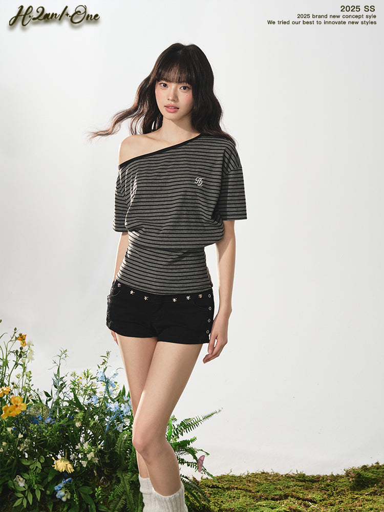 Striped One-Shoulder Tee With Fitted Waist