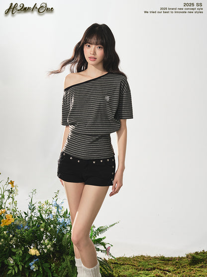 Striped One-Shoulder Tee With Fitted Waist