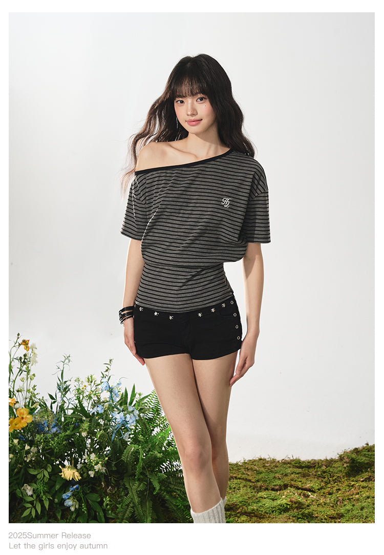 Striped One-Shoulder Tee With Fitted Waist