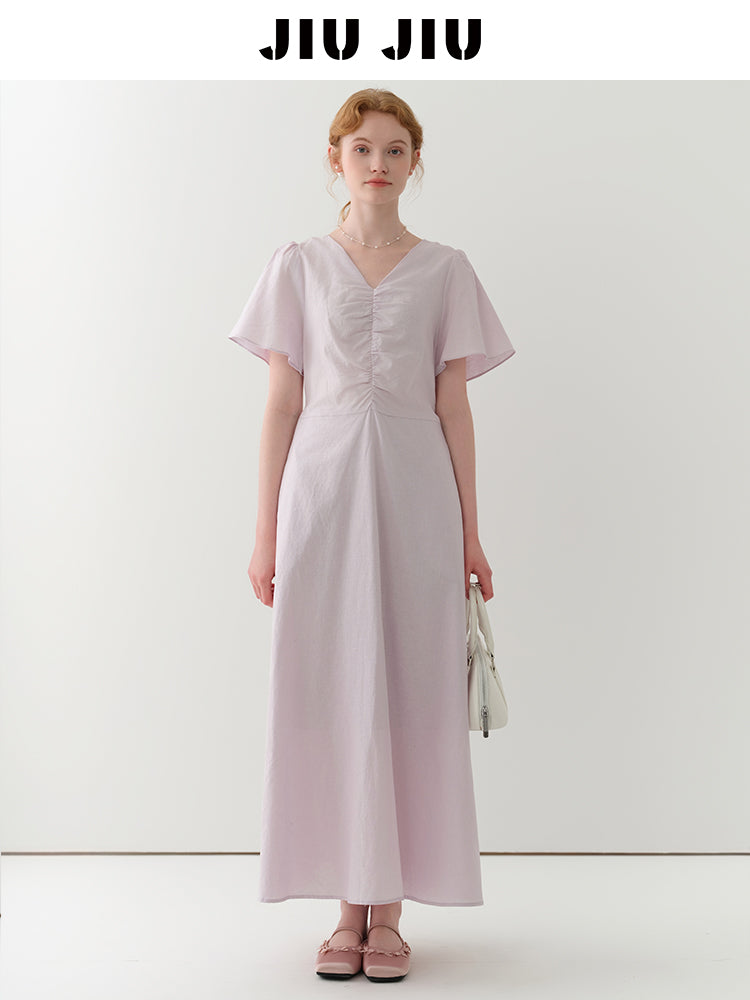 Flutter Sleeve V-Neck Ruched Dress In Linen-Cotton Blend