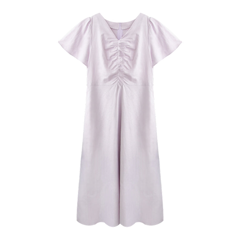 Flutter Sleeve V-Neck Ruched Dress In Linen-Cotton Blend