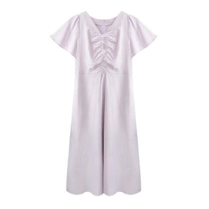 Flutter Sleeve V-Neck Ruched Dress In Linen-Cotton Blend
