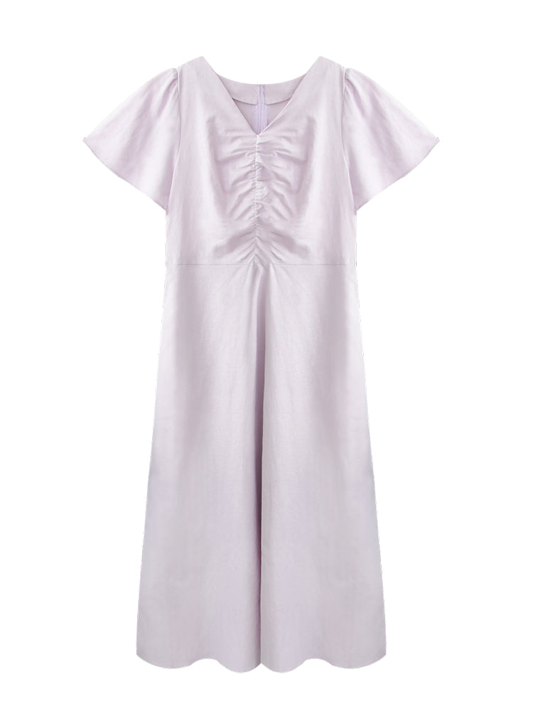 Flutter Sleeve V-Neck Ruched Dress In Linen-Cotton Blend