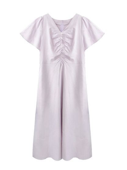 Flutter Sleeve V-Neck Ruched Dress In Linen-Cotton Blend