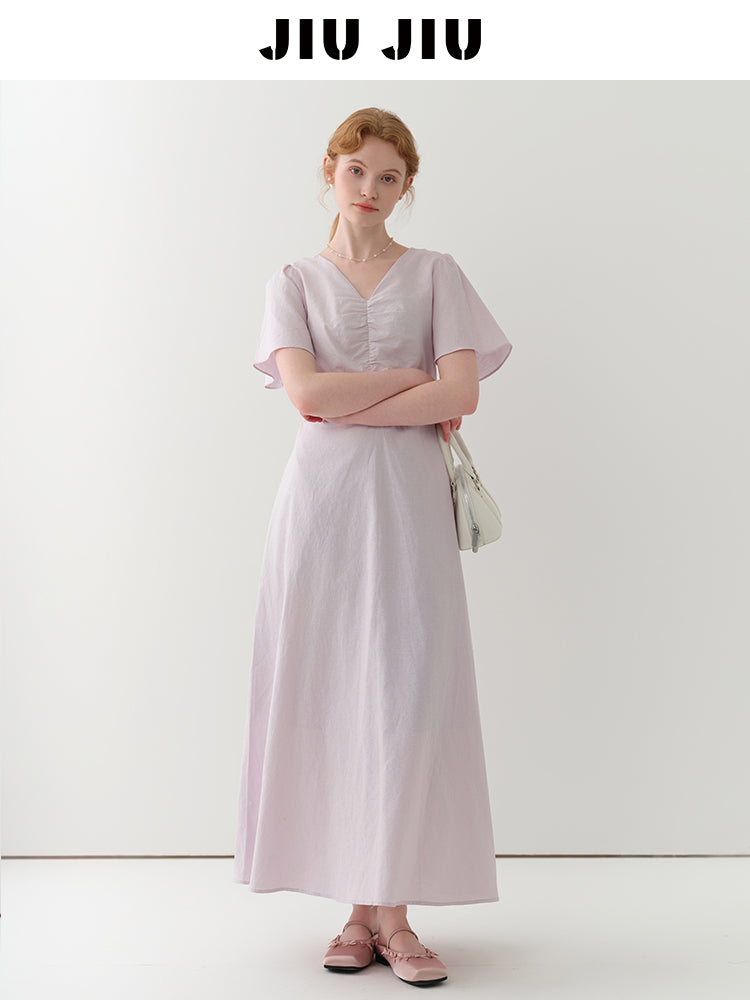 Flutter Sleeve V-Neck Ruched Dress In Linen-Cotton Blend