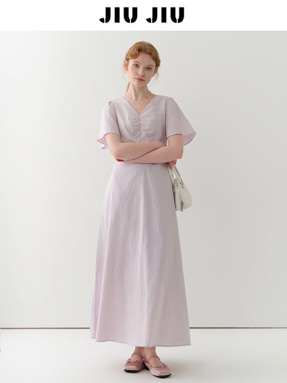 Flutter Sleeve V-Neck Ruched Dress In Linen-Cotton Blend