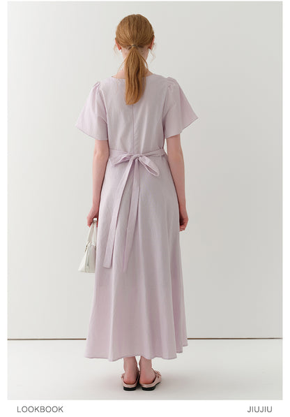 Flutter Sleeve V-Neck Ruched Dress In Linen-Cotton Blend