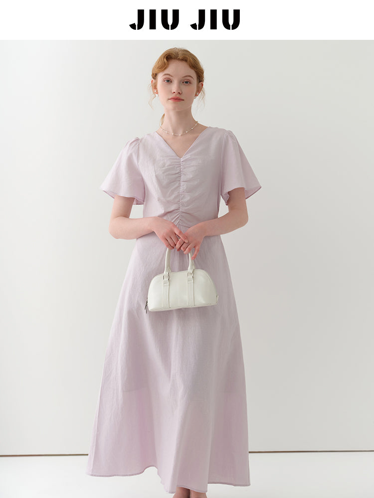 Flutter Sleeve V-Neck Ruched Dress In Linen-Cotton Blend