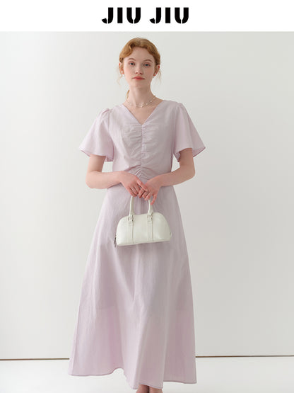 Flutter Sleeve V-Neck Ruched Dress In Linen-Cotton Blend