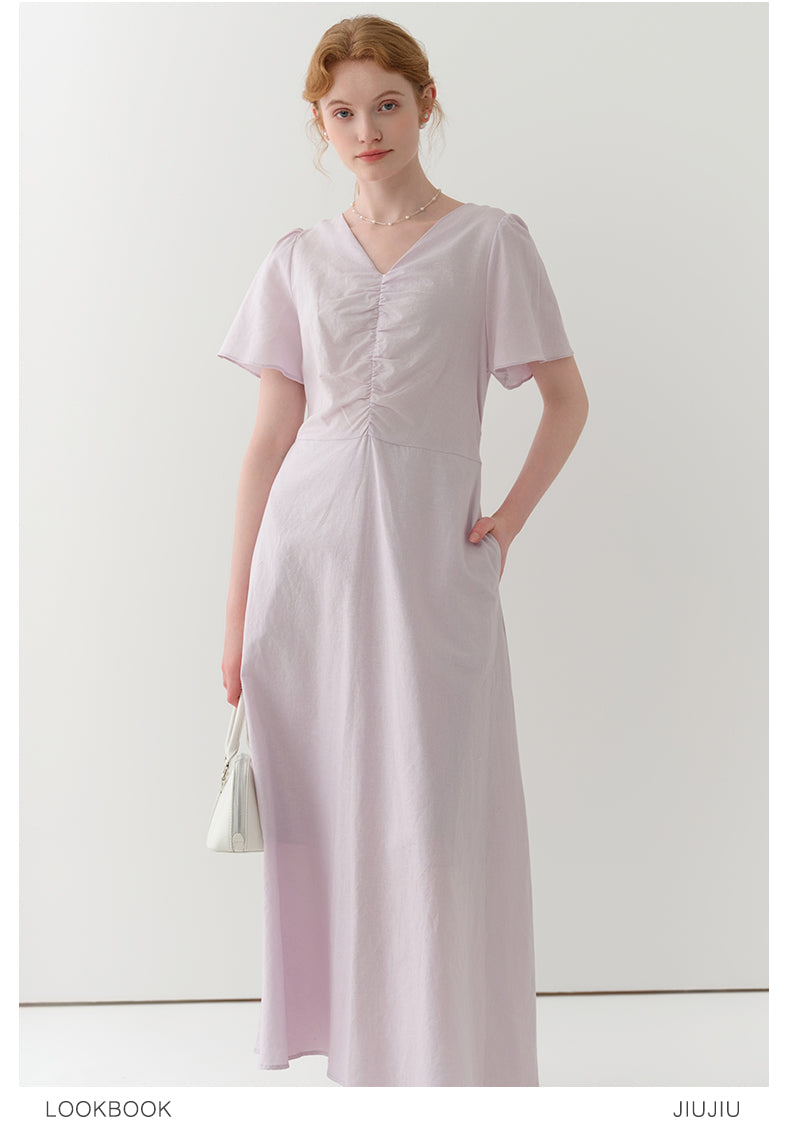 Flutter Sleeve V-Neck Ruched Dress In Linen-Cotton Blend