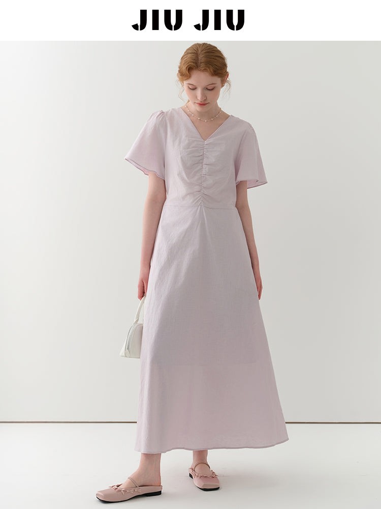 Flutter Sleeve V-Neck Ruched Dress In Linen-Cotton Blend