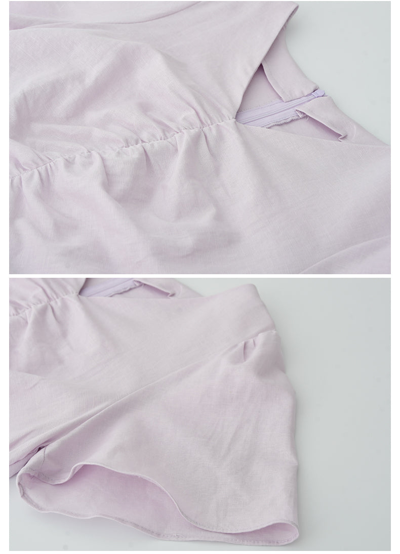 Flutter Sleeve V-Neck Ruched Dress In Linen-Cotton Blend