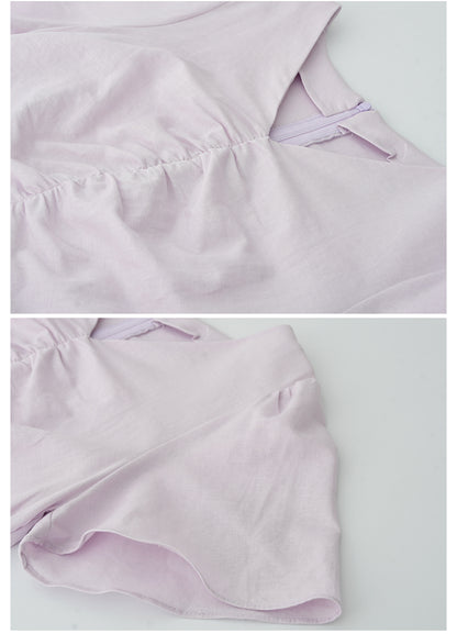Flutter Sleeve V-Neck Ruched Dress In Linen-Cotton Blend