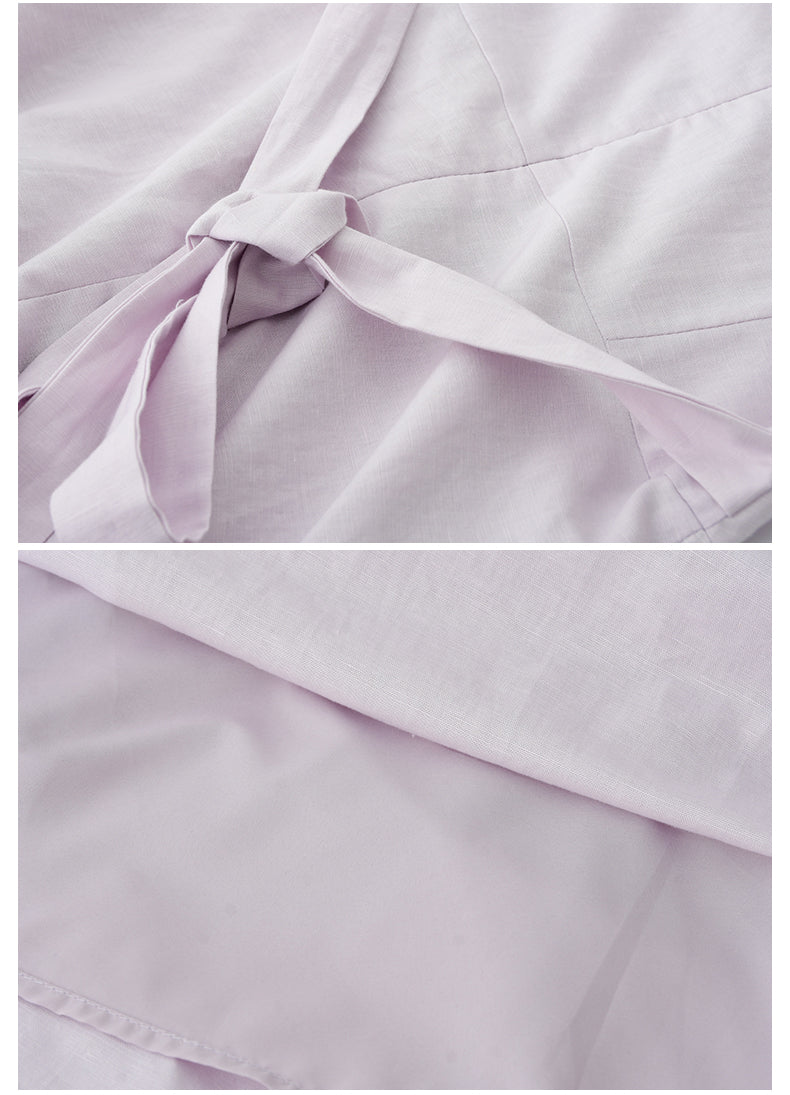 Flutter Sleeve V-Neck Ruched Dress In Linen-Cotton Blend