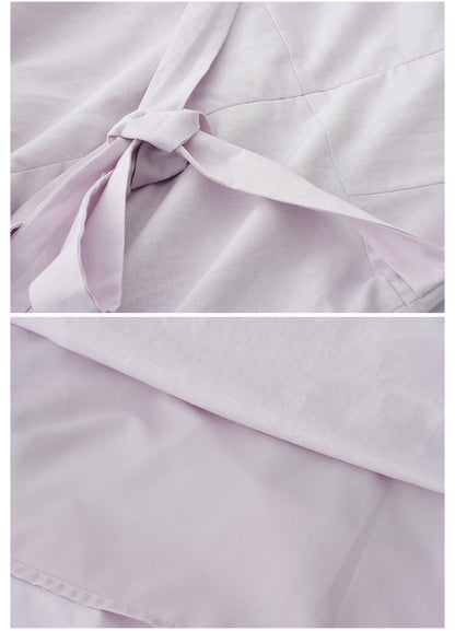 Flutter Sleeve V-Neck Ruched Dress In Linen-Cotton Blend